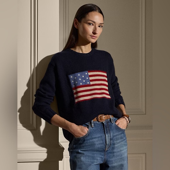 Ralph Lauren 100% cashmere SMALL Purple Label USA Flag Knit Sweater in Navy - Picture 3 of 14
